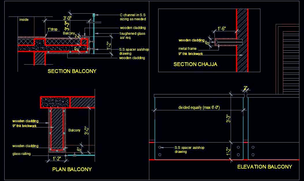 Glass Railing Balcony Detail- Plan, Elevation & Section CAD